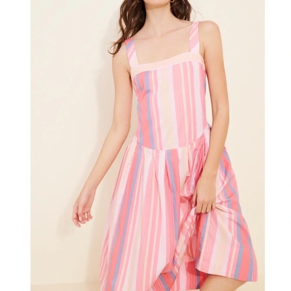 Free People NWT Primavera Cotton Tie Straps Stripe Midi Dress in Pink Size Large